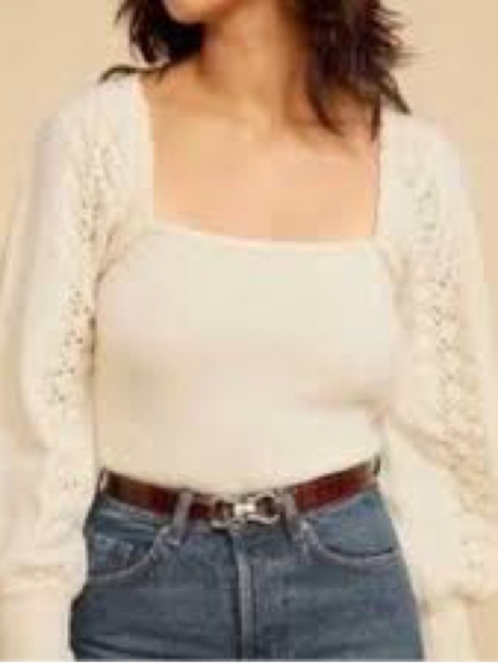 Rouje Cream Wool Knit Square-Neck Top Sweater